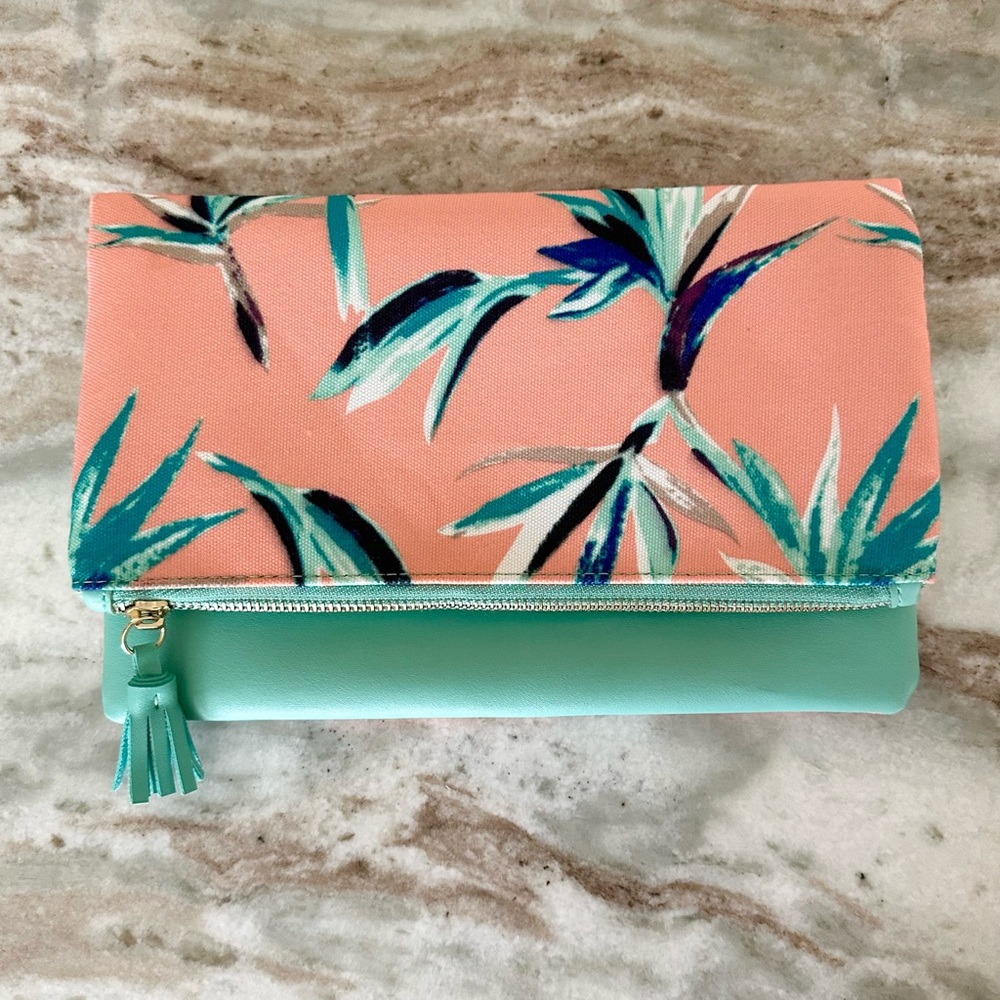 Tropical Print Faux Leather Clutch In Coral & Mint - Beach Vacation Summer Bag
